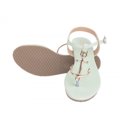 Estatos  Synthetic Leather Buckle Closure T Strap Sea Green Flat Sandals